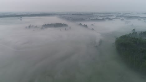 Aerial-view-flying-through-fog-and-smoke-in-a-rural-area-over-creek-and-meadow