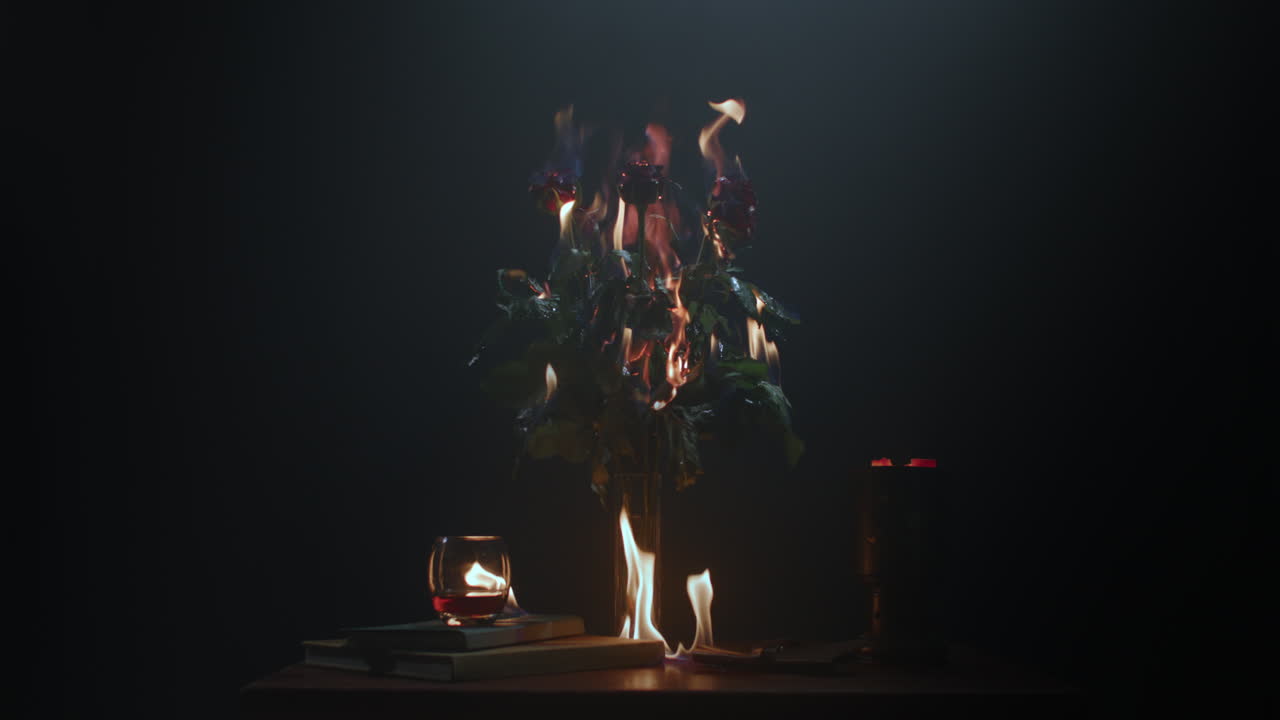Rose che bruciano tra le fiamme sul tavolo.