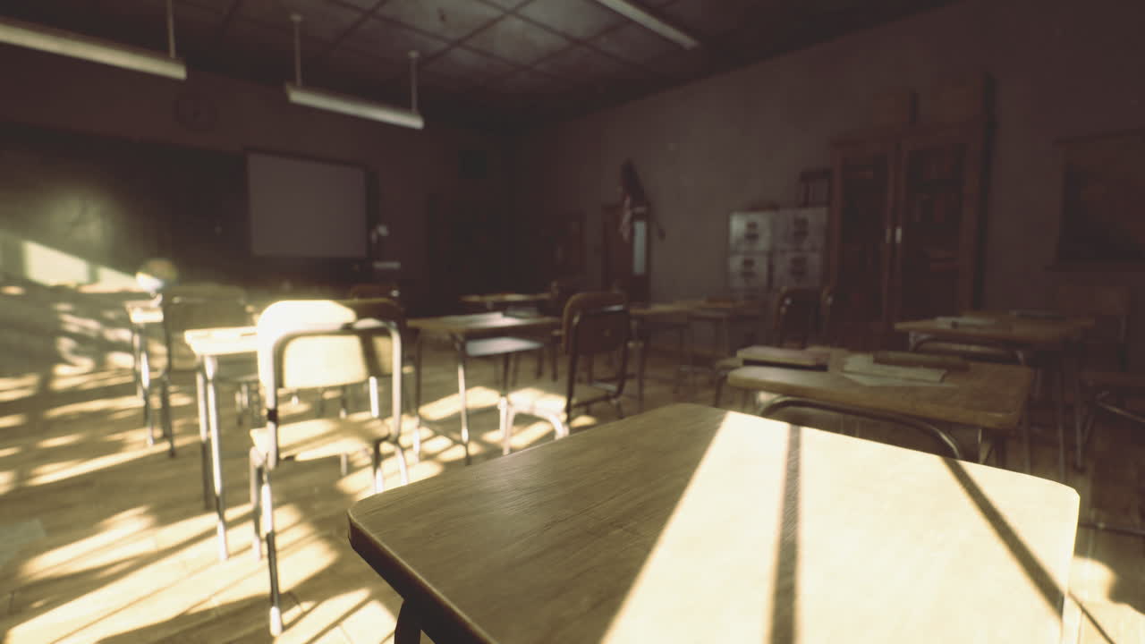 Empty classroom in morning light fosters a calm learning space