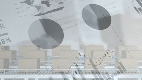 animation of statistics processing over cardboard boxes on conveyor belts in warehouse