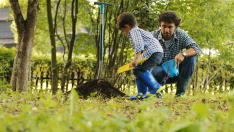 portrait of a little boy and his dad planting a tree. the boy touches the tree and plays around. dad takes care of him. blurred background