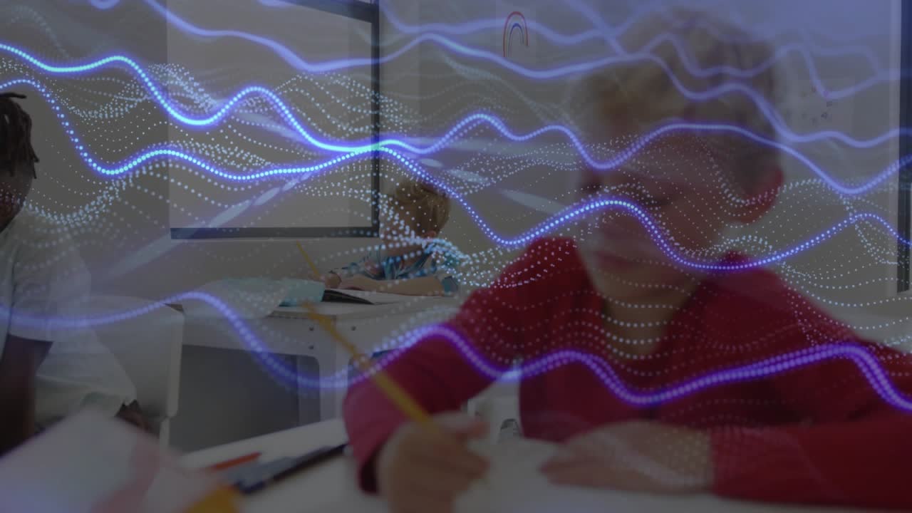 Boy in red sweater scribbling, blue wave scrolling, boy in white shirt joining writing assignment