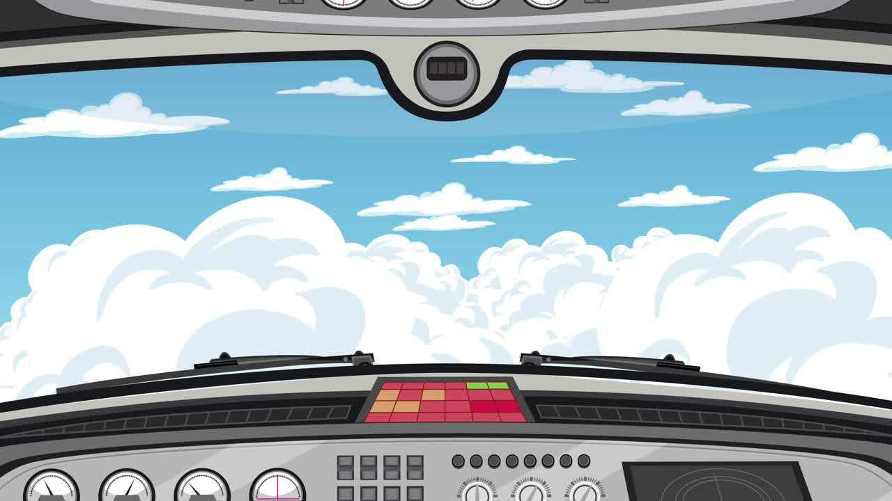 Animation of an airplane cockpit flying through dynamic clouds, showcasing smooth transitions and vibrant sky colors
