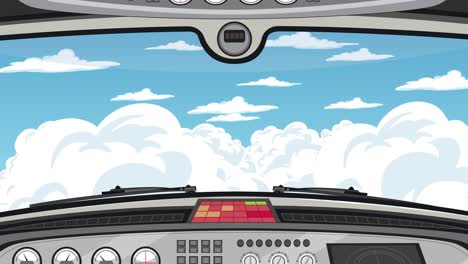 animation of an airplane cockpit flying through dynamic clouds, showcasing smooth transitions and vibrant sky colors