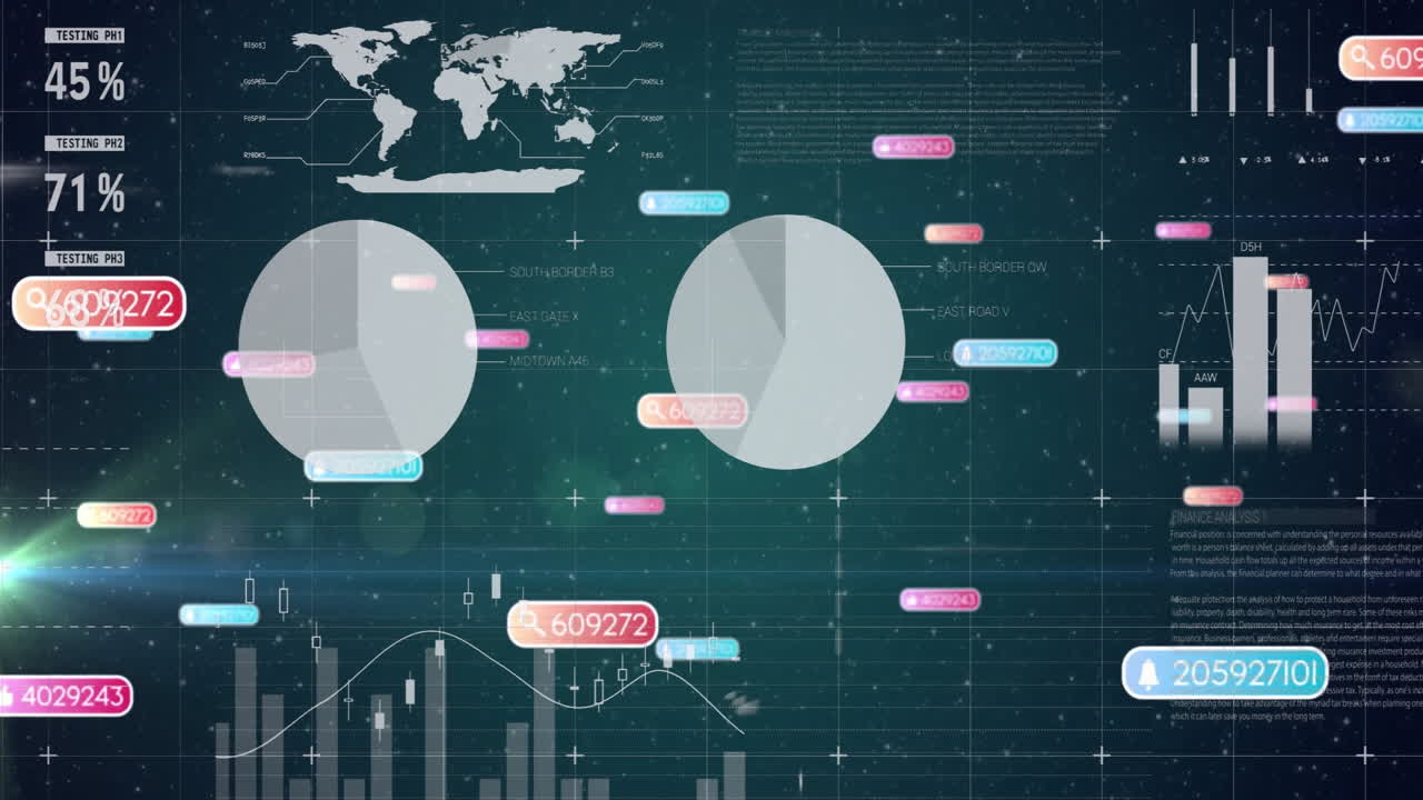 Using animation, digital interface showing pie charts, graphs, and world map