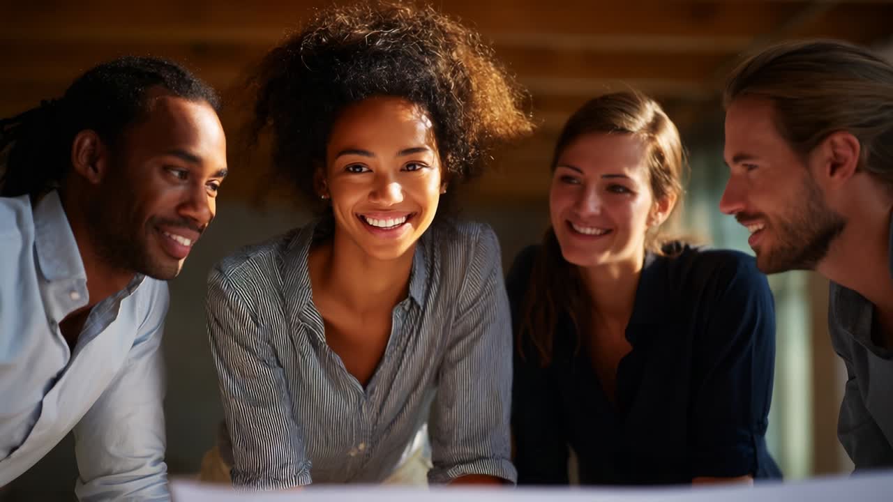 A group of four young adults engages in a dynamic and collaborative environment, sharing ideas and insights while gathered around a table, showcasing teamwork and creativity in their interaction