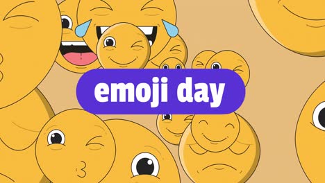 animation of emoji day and emoticons floating over yellow background