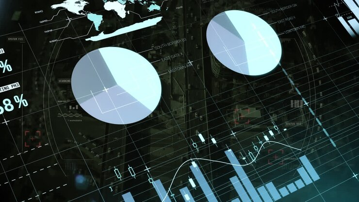 Animation of data processing and statistics on screen over cityscape