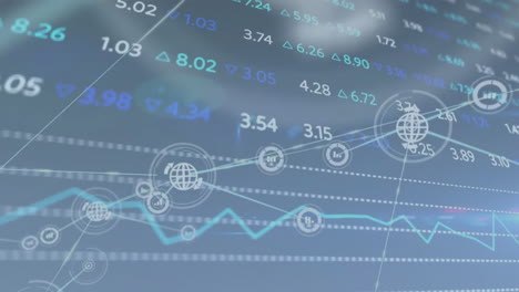 animación de la red de conexiones con iconos y procesamiento de datos financieros
