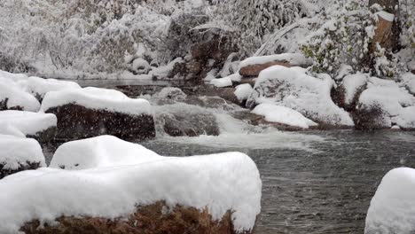 Nieve-Cayendo-En-Cámara-Lenta-En-El-Arroyo-Boulder,-Boulder,-Colorado