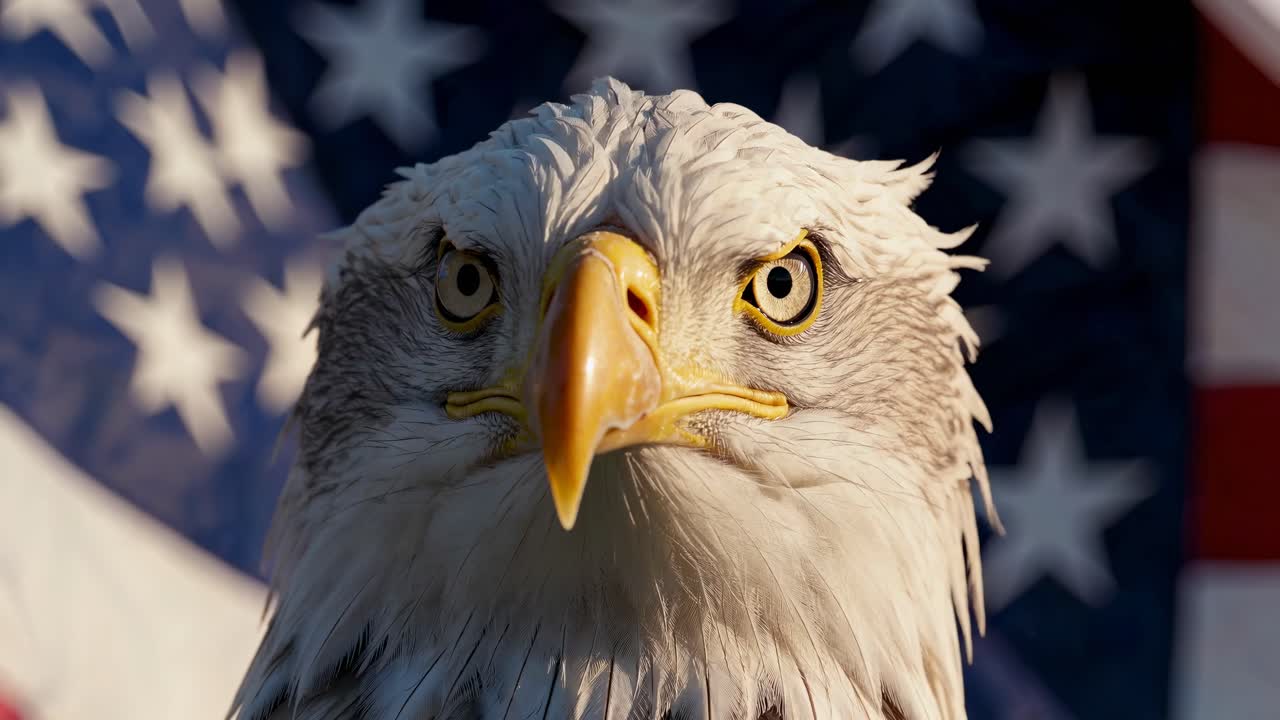 Close-up of a bald eagle with intense gaze, set against a blurred American flag backdrop