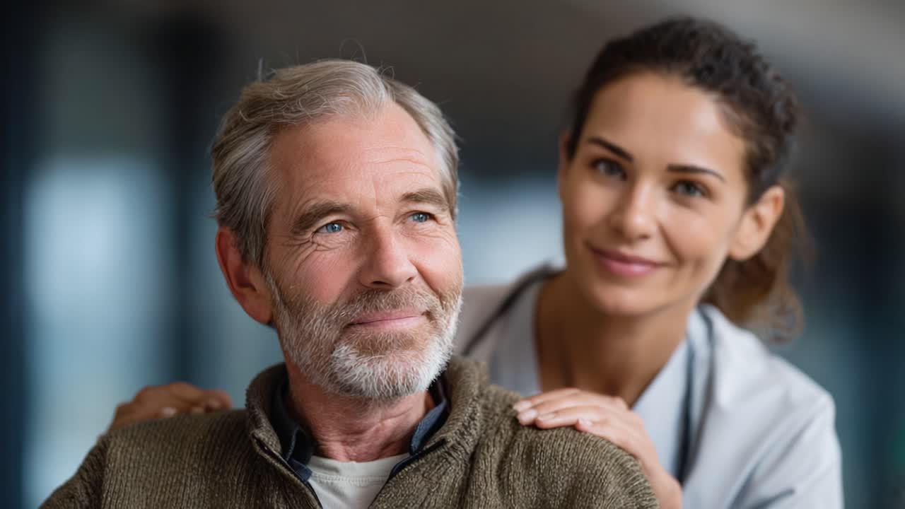 Een zorgzame zorgverlener helpt een oudere man en creëert comfort en verbinding door middel van attente ondersteuning en oprechte glimlachen in een warme, uitnodigende omgeving.