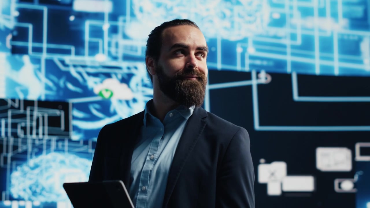 Entrepreneur analyzes AI dashboard using laptop computer