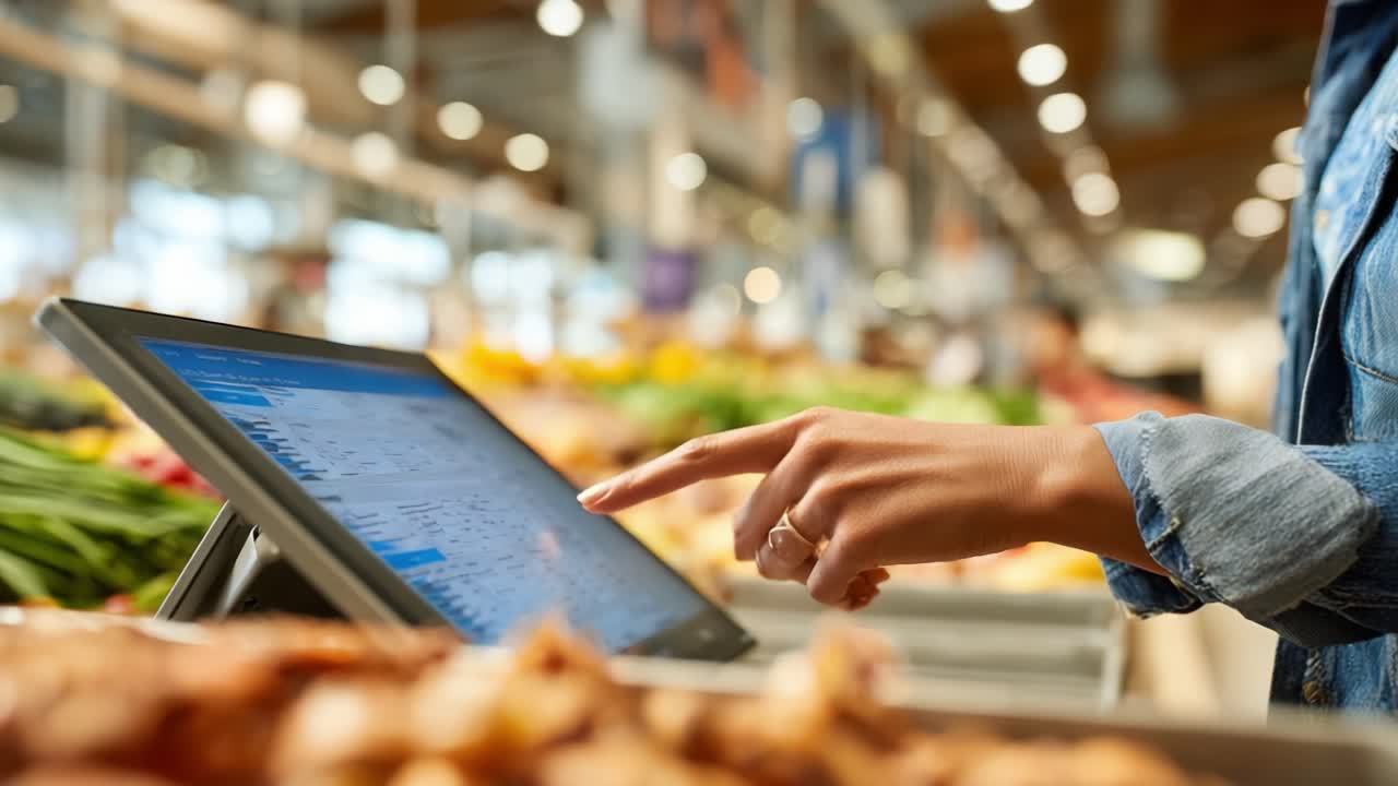 Engaged in Digital Interaction: A Close-Up of a Person Using a Touchscreen Device to Access Information Amidst a Vibrant Market Full of Fresh Produce and Grocery Items