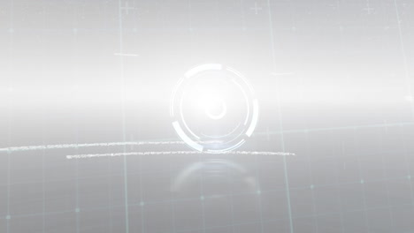 animation of round scanner and data processing over grid network against grey background
