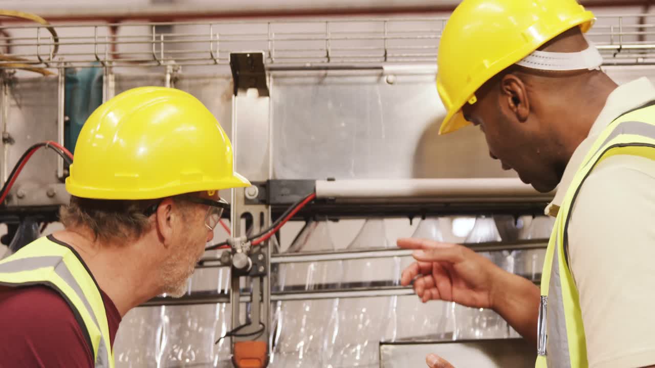 trabajadores que comprueban botellas en la línea de producción