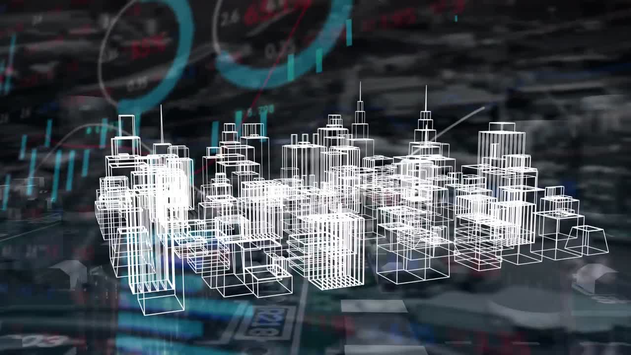 도시 풍경 위에서 회전하는 3d 도시 그림의 애니메이션