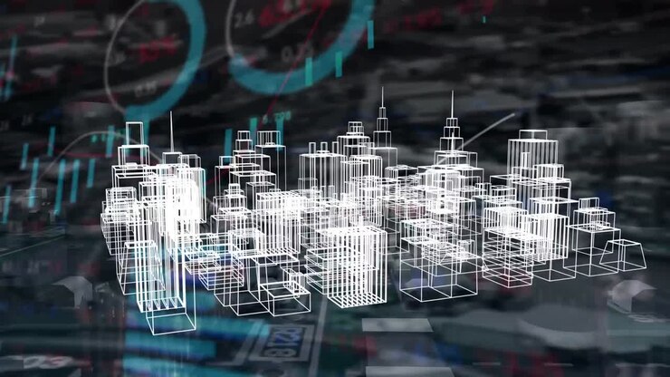Animation of 3d city drawing spinning over cityscape