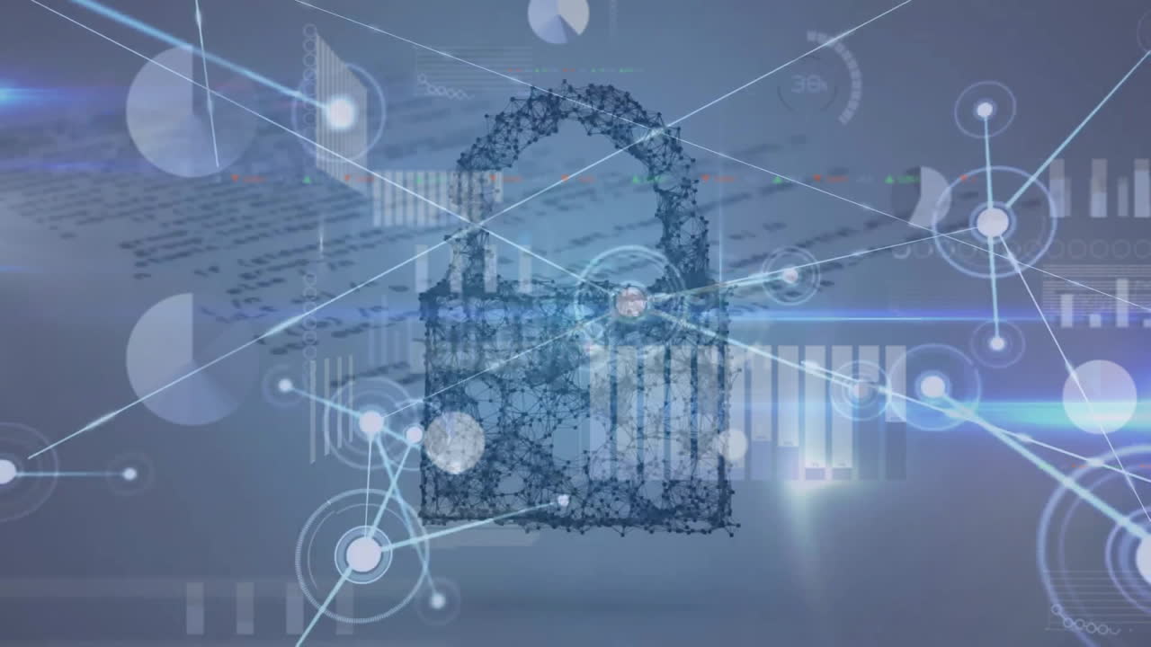 Animation of network and padlock icon over charts and data processing