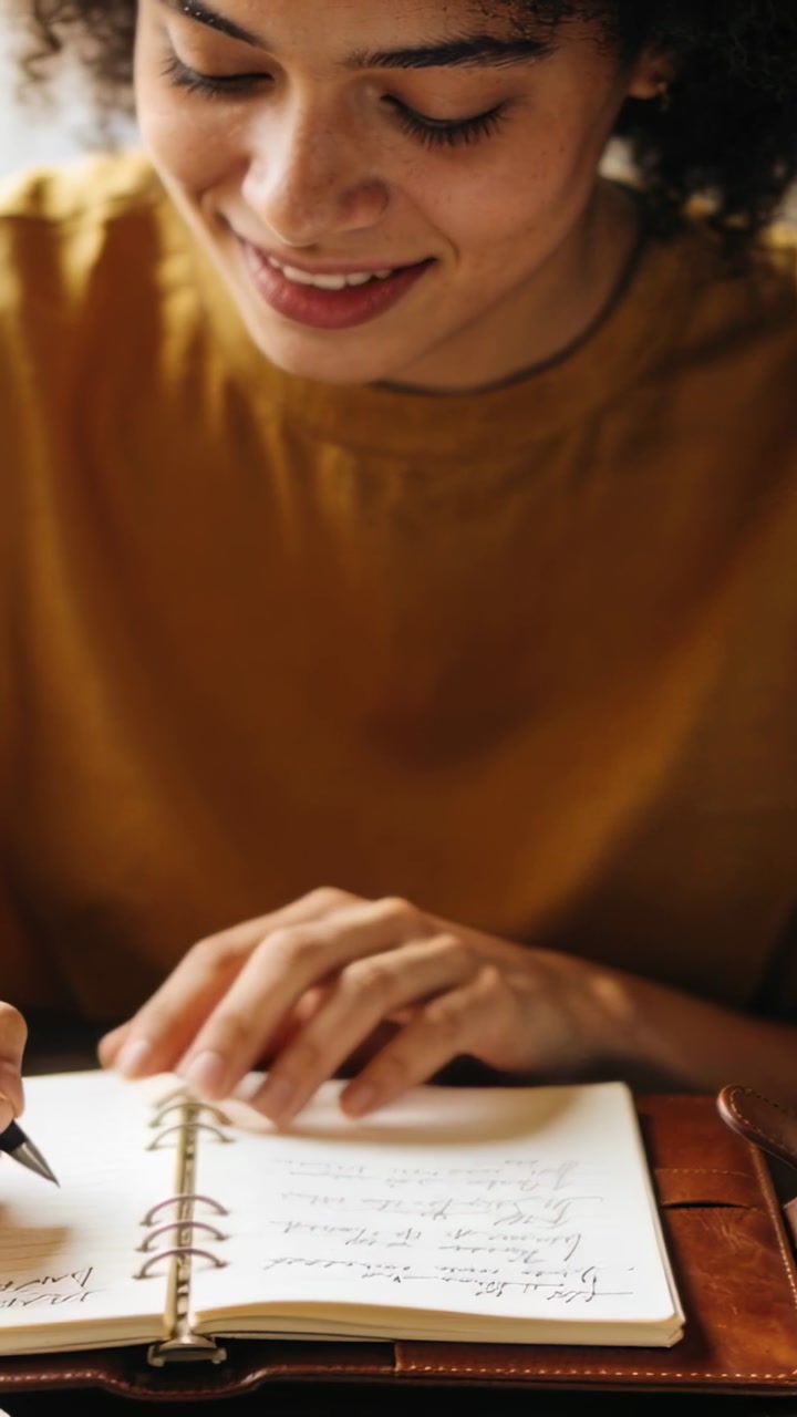 Spotting leather planner, woman in mustard top tracing, writing schedule at cafe, pen on wood table