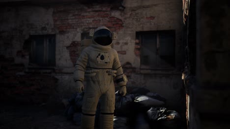 lost astronaut near abandoned industrial buildings of old factory