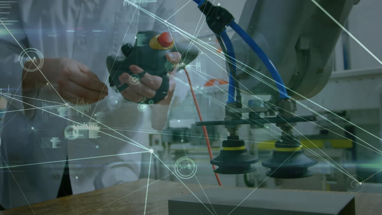 animación de la red de conexiones sobre las manos de un hombre caucásico trabajando en un robot