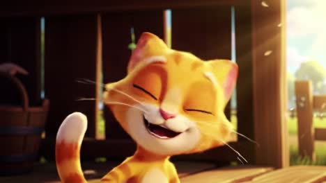 a joyful animated cat celebrates in warm, sunlit surroundings, capturing the essence of happiness and playfulness in a whimsical environment