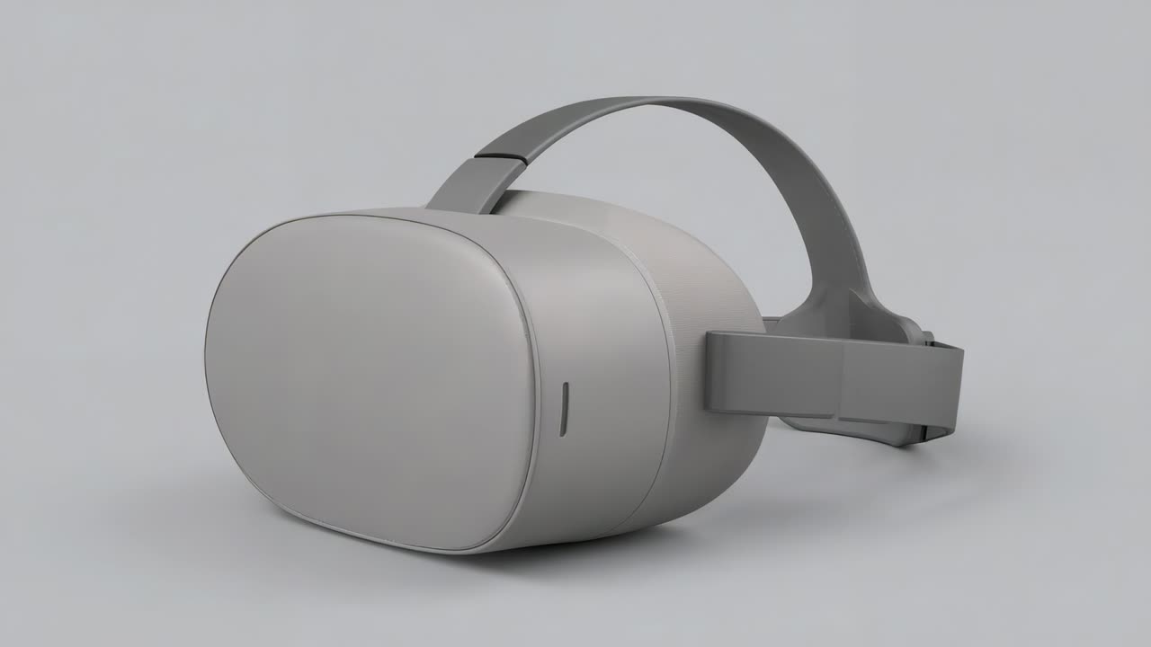 Rotating light-gray VR HMD revealing strap-side on gray surface for reveal as amber LED brightening