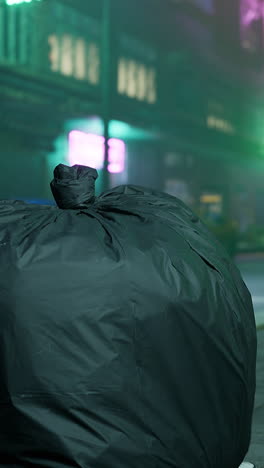 black garbage bag on city street at night