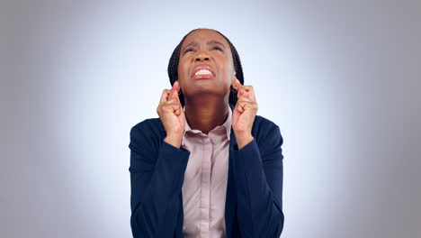 Hope,-business-woman-and-fingers-crossed-in-studio