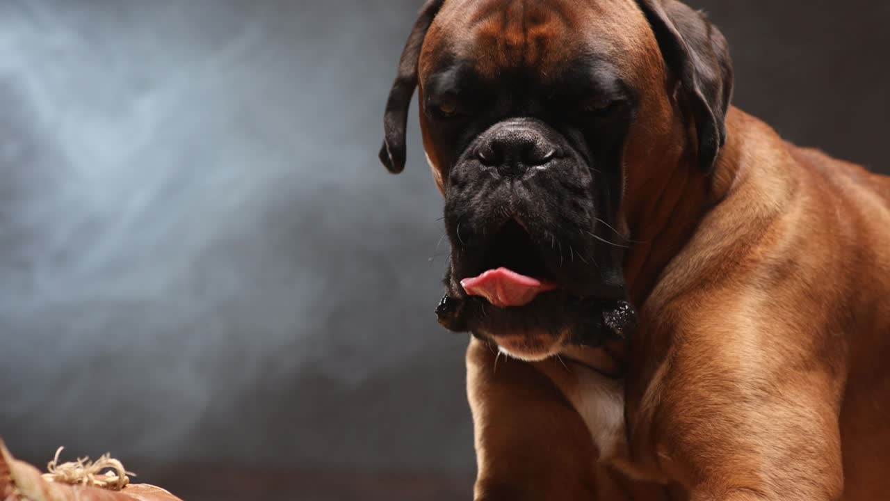 un perro boxeador tendido en el suelo y jugando con guantes de boxeo vintage marrones.
