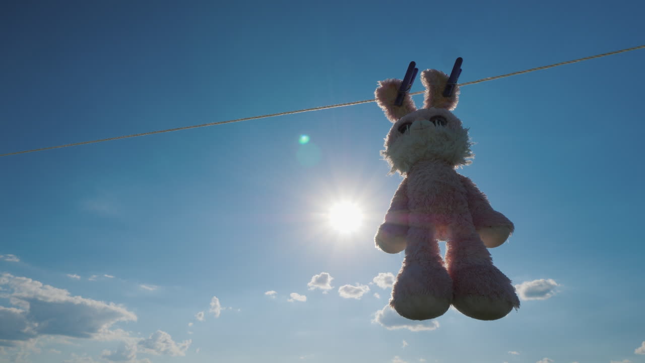 햇볕에 말린 밧줄에 매달린 플러시 토끼 4k 비디오