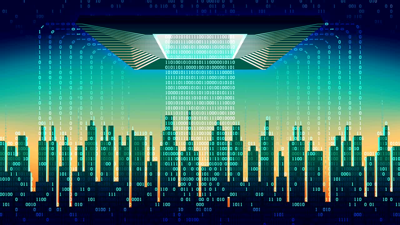 The digital city. The main chip controls the flow of information in the abstract city, high-tech background, seamless loop