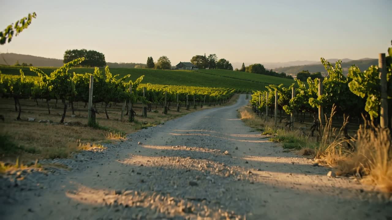 Telecamera in movimento che mostra una strada sterrata che conduce a una casa colonica in un vigneto, rivelando viti e pietre.