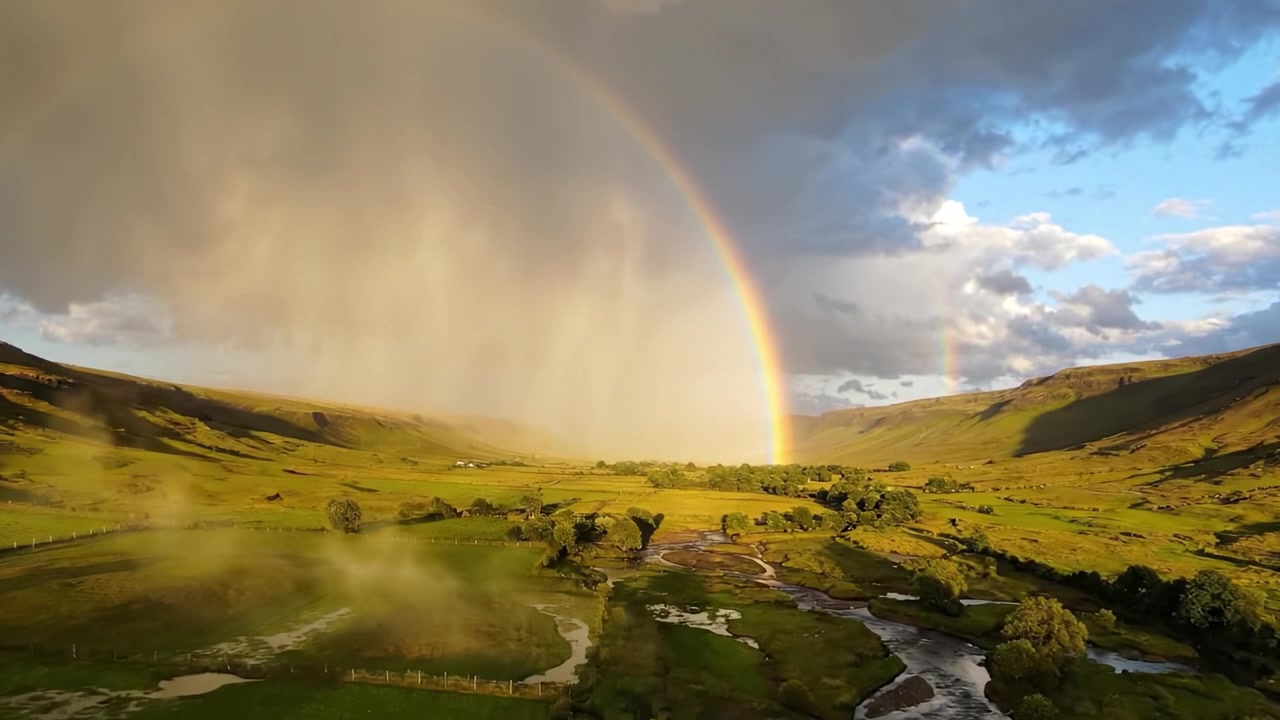 A Stunning Natural Scene Capturing a Rainbow Arching Over a Lush Valley with Rolling Hills and a Gentle Stream Underneath a Dramatic Sky