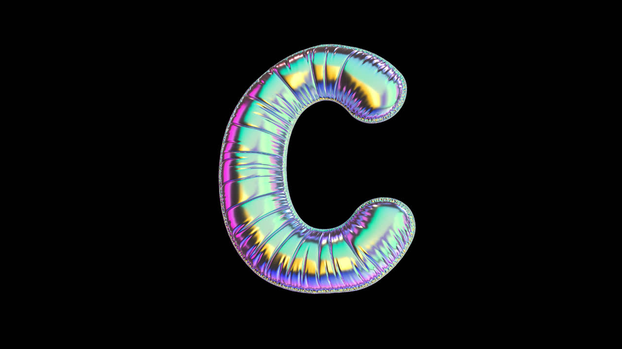 Lesklé duhové fóliové balónkové písmeno C rotující na černém pozadí