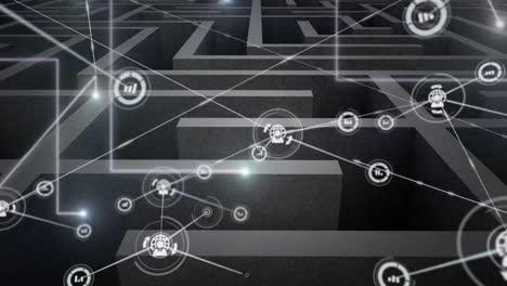 Animation-of-network-of-connections-and-data-processing-over-maze