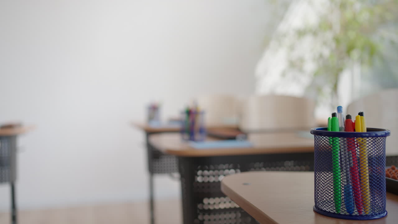 The interior of a school office prepared for a lesson in a pandemic.