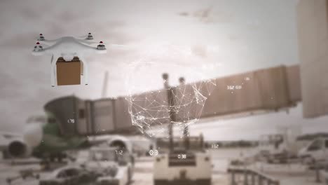 Animation-of-network-of-connections-over-drone-with-parcel-over-airport-apron