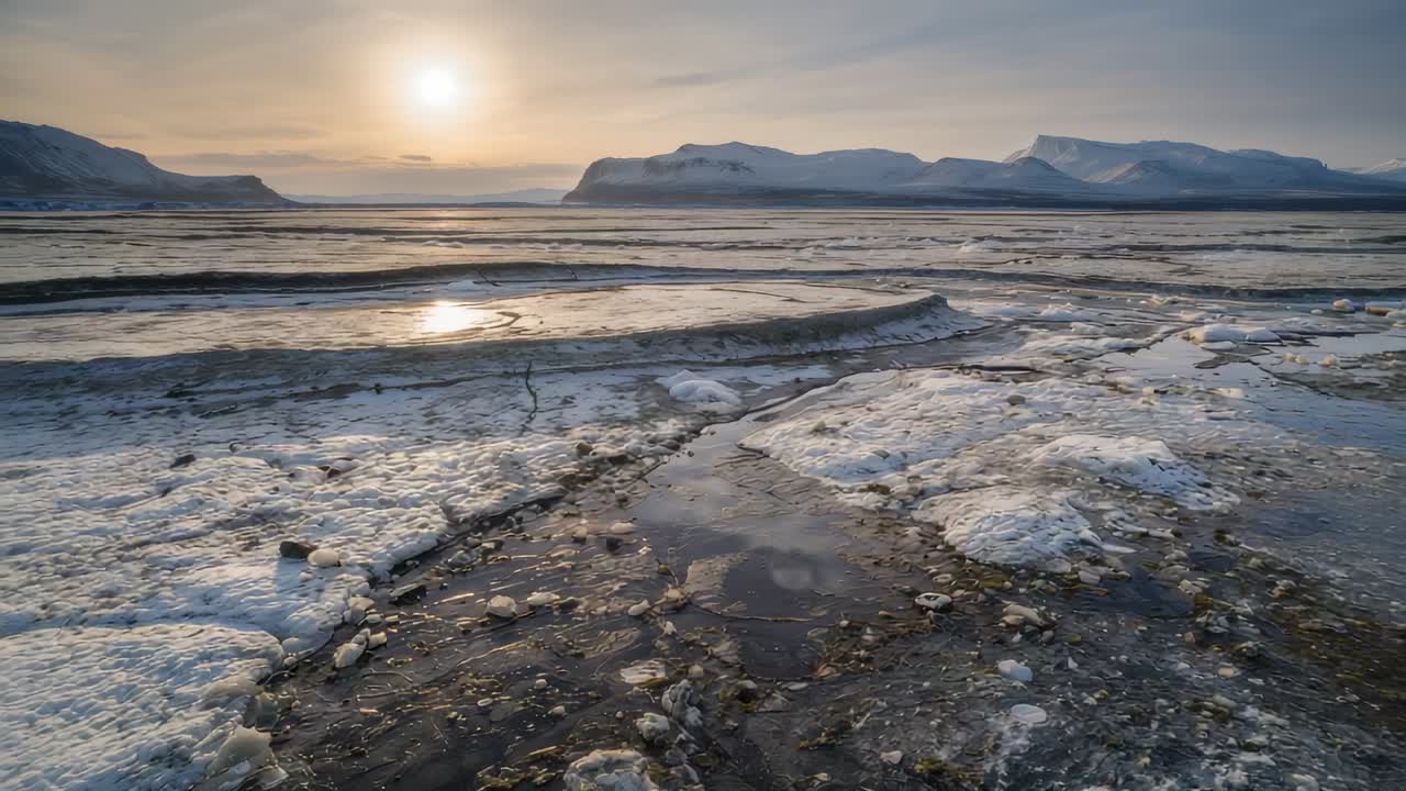 Low-hanging sun glancing off ice floes along shoreline at low tide, with meltwater streaming to sea