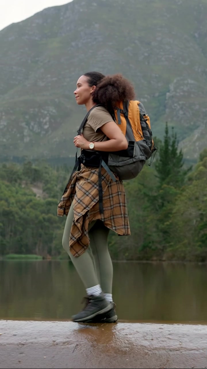 Young Woman Hiking with Backpack Near Mountain Lake