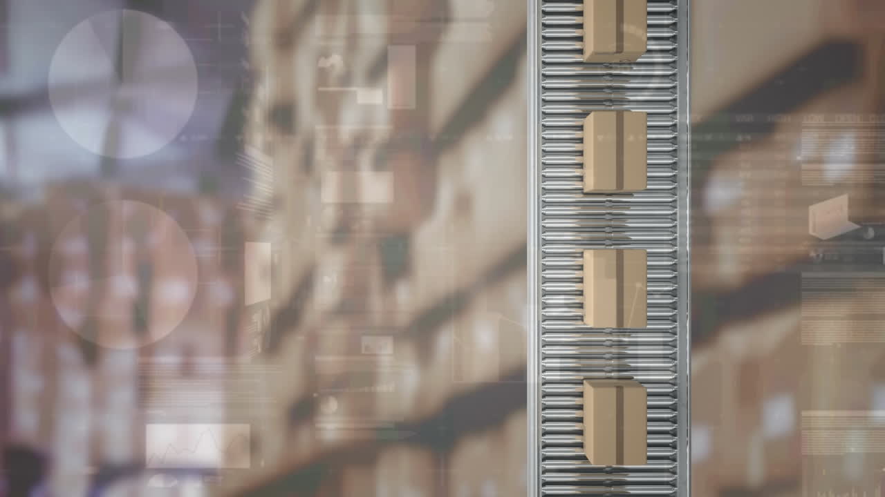 animación del procesamiento de datos financieros sobre cajas de cartón en cinta transportadora
