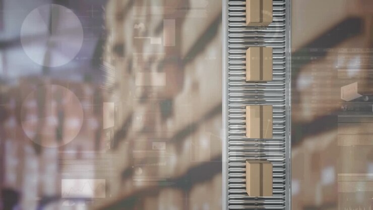 Animation of financial data processing over cardboard boxes on conveyor belt
