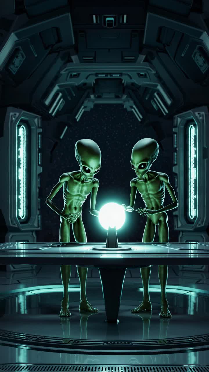 Two aliens examine a glowing orb in a futuristic spaceship. Low-angle shot enhances the sci-fi video