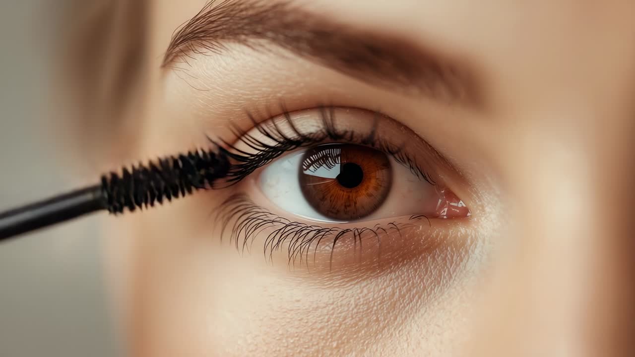 Una bacchetta si avvicina a una donna che la tiene ferma, spazzolando le ciglia superiori, definendole in studio, pupilla scintillante