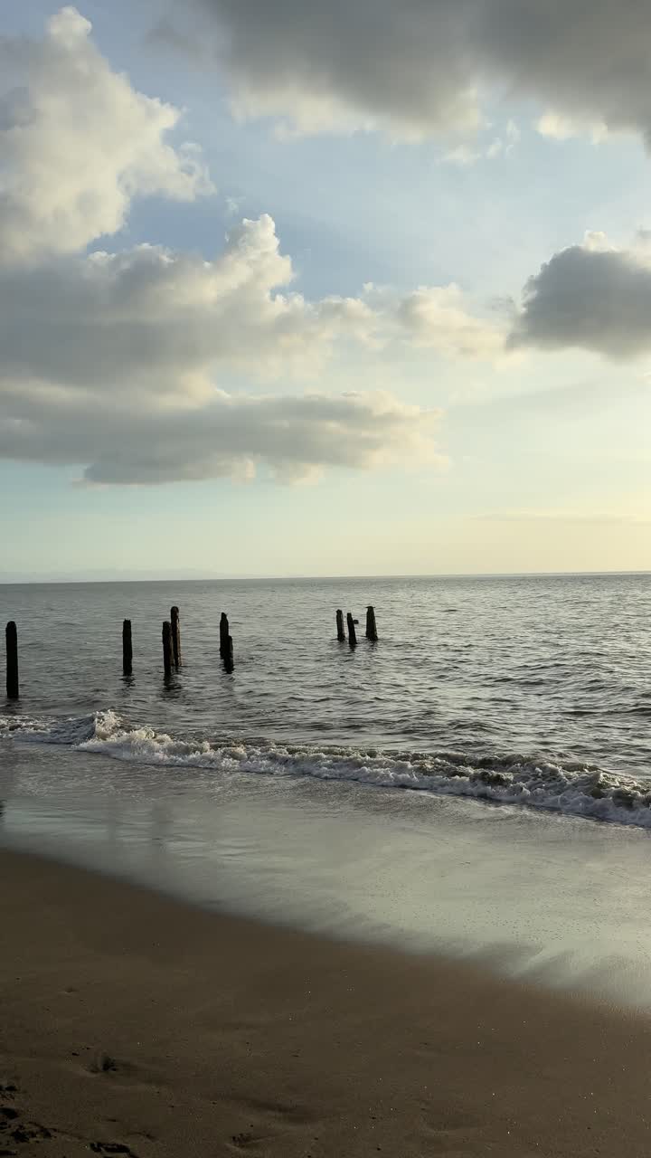 Cena de Praia Serena com Ondas Suaves e Pilares de Cais de Madeira