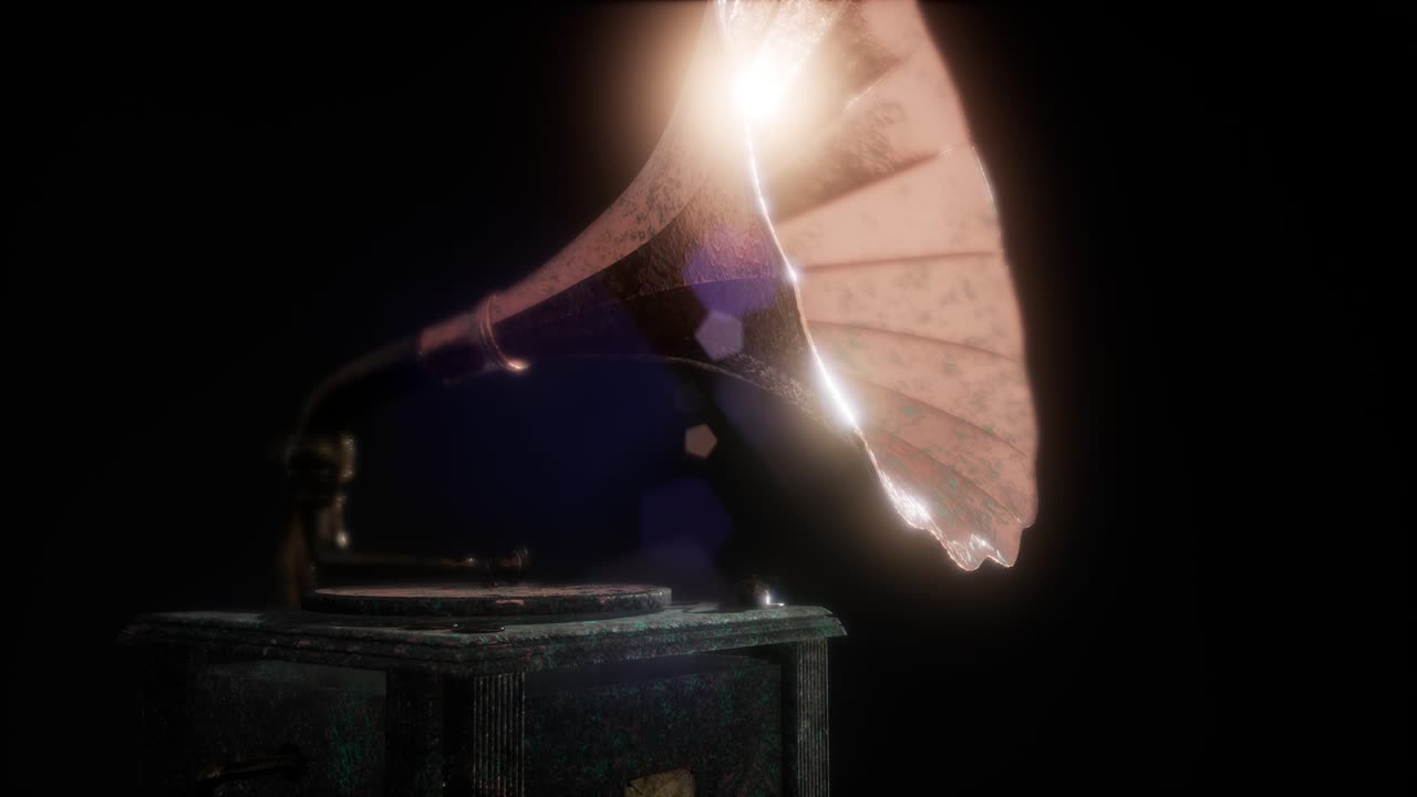 레트로 테크놀로지로 어두운 곳에서 빈티지 그라모폰을 연주합니다.