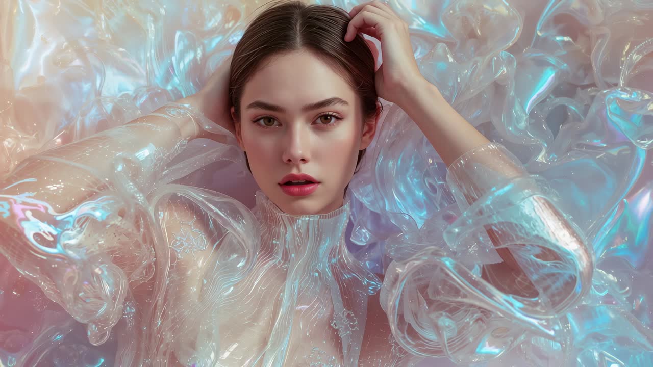 Opening shot featuring female model lying on plastic ruffles, sweeping hair aside, revealing neck