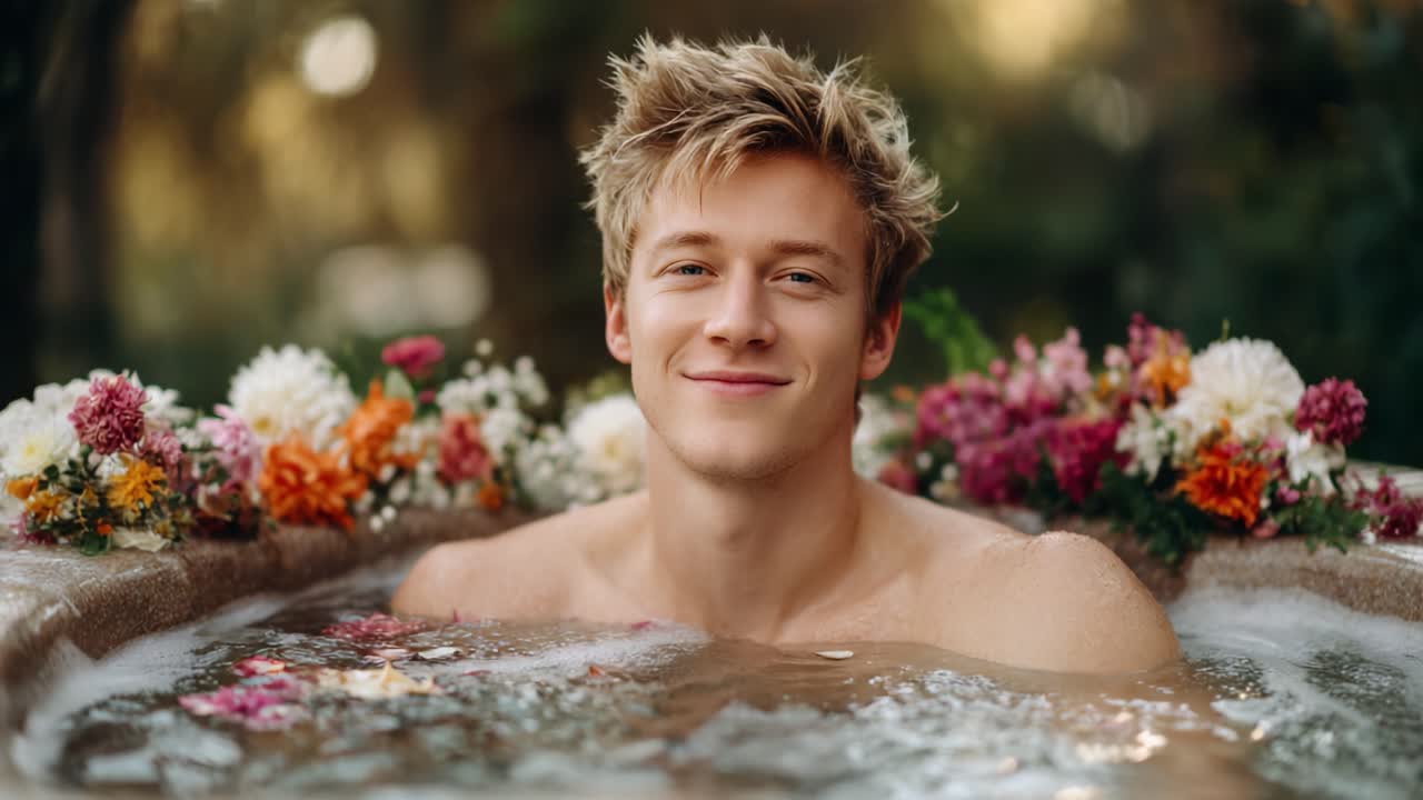 A Relaxing Moment: A Young Man Enjoys a Blossoming Floral Bath in a Serene Outdoor Setting, Embracing Tranquility and Nature's Beauty for a Refreshing Experience
