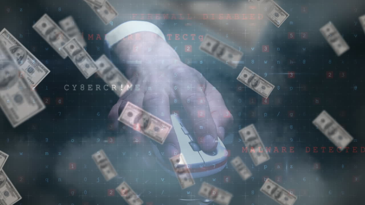 컴퓨터 마우스를 사용하는 사람과 떨어지는 지폐에 대한 데이터 처리 애니메이션